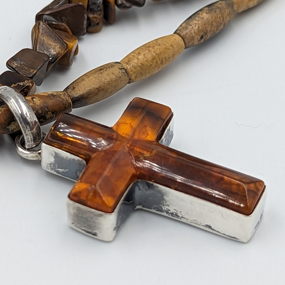 Amber Cross Sterling Silver On Tiger's Eye Chips & Jasper Bead Necklace Vintage - Picture 7 of 15